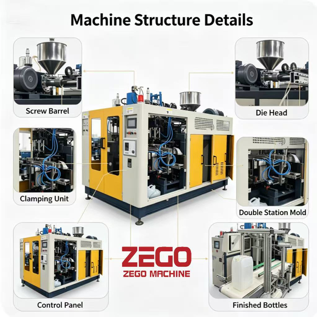 Double-Station HDPE Extrusion Blow Molding Machine for Cosmetics, Pesticide Bottles, And Edible Oil Bottles with Automatic Flash-Removal Molds | ZEGO